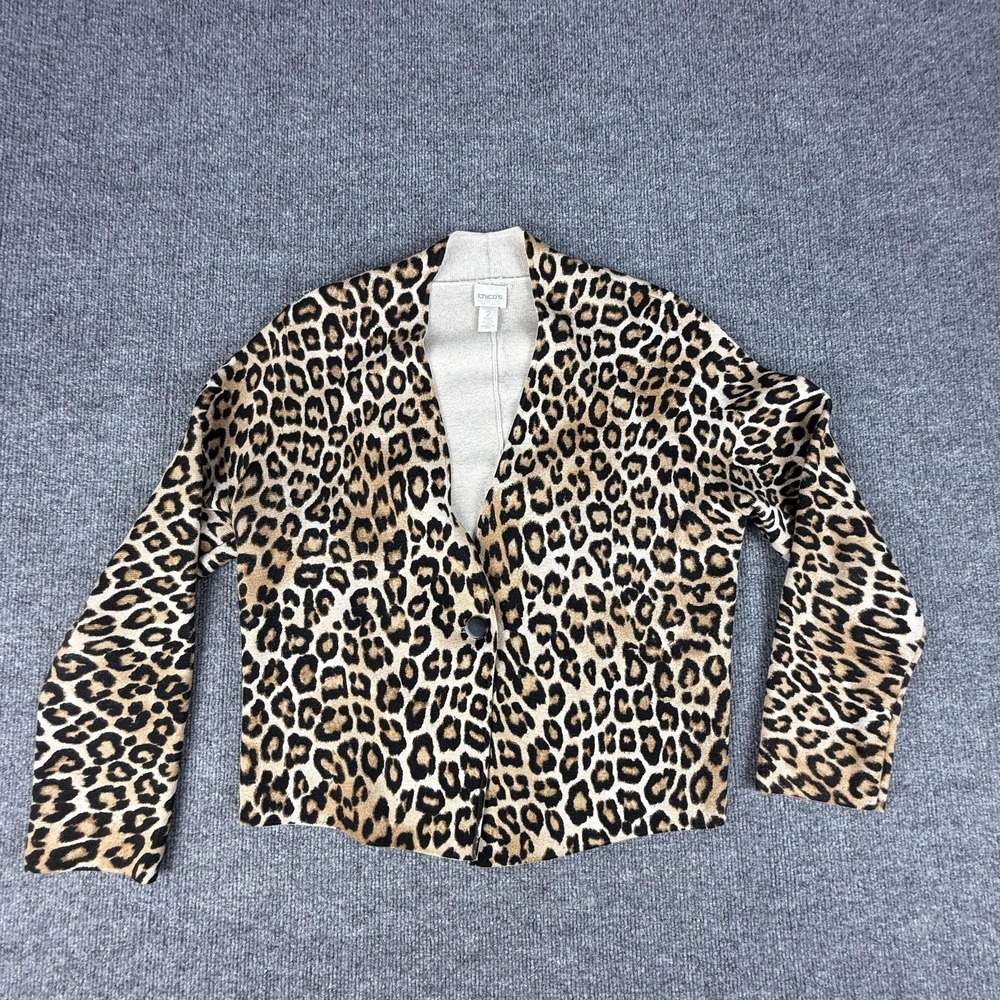Chicos Cardigan Sweater Womens 2 Brown Leopard Print Button Front Stretch Knit